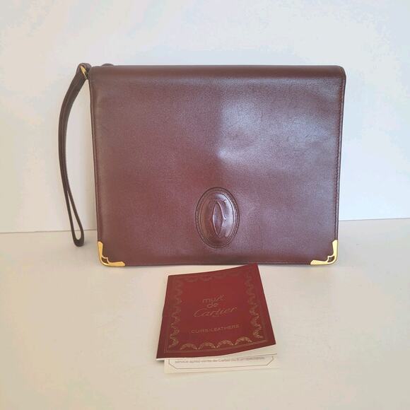 Cartier Must Line Vintage Wristlet Clutch Bordeaux Red Leather Zip Bag Unisex - Picture 1 of 12